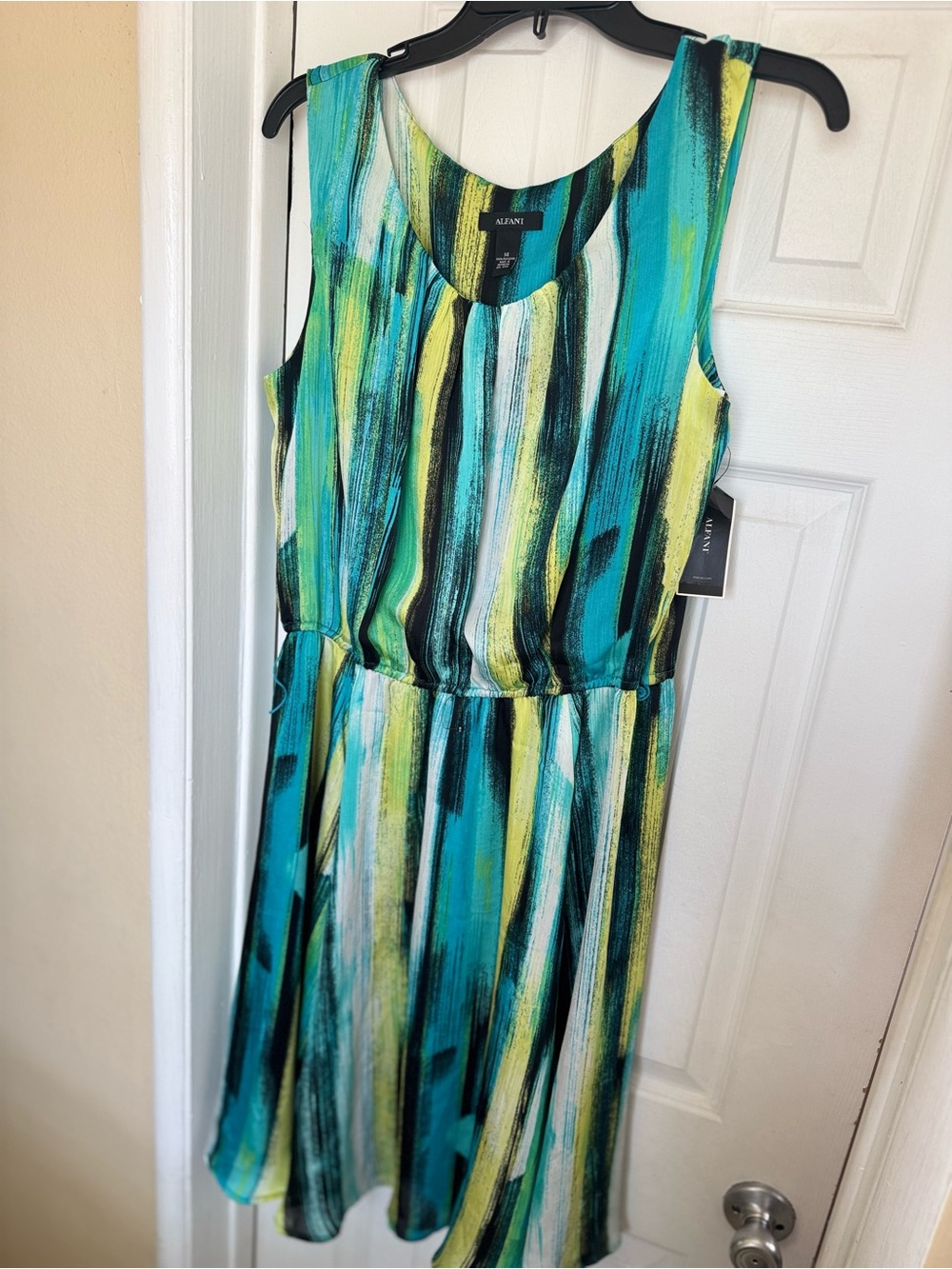 Alfani Teal, Yellow & Black Striped Sleeveless Dress